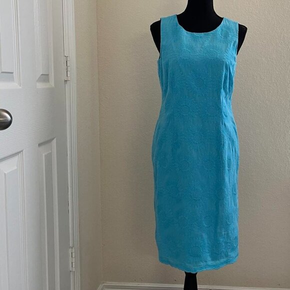 Talbots Blue Embroidered Sunflower Sheath Dress - Picture 1 of 11
